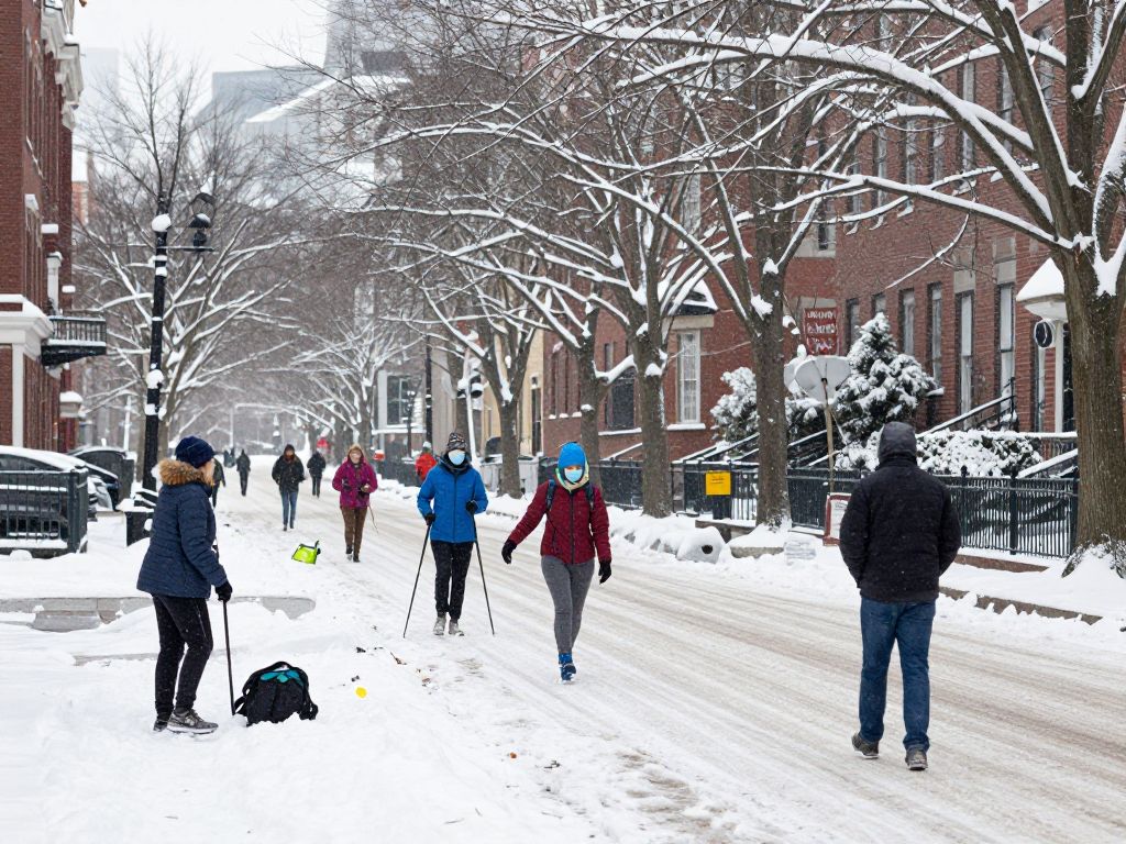 Snow-covered Boston street during a Nor'easter