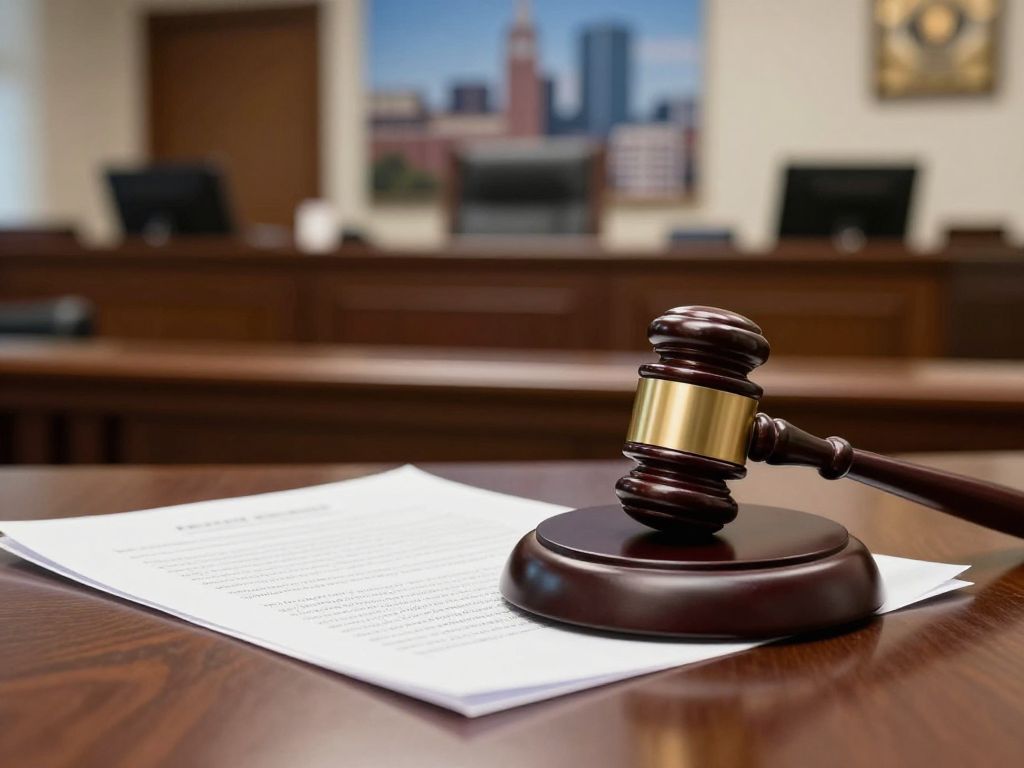 Courtroom scene with legal elements representing a police lawsuit