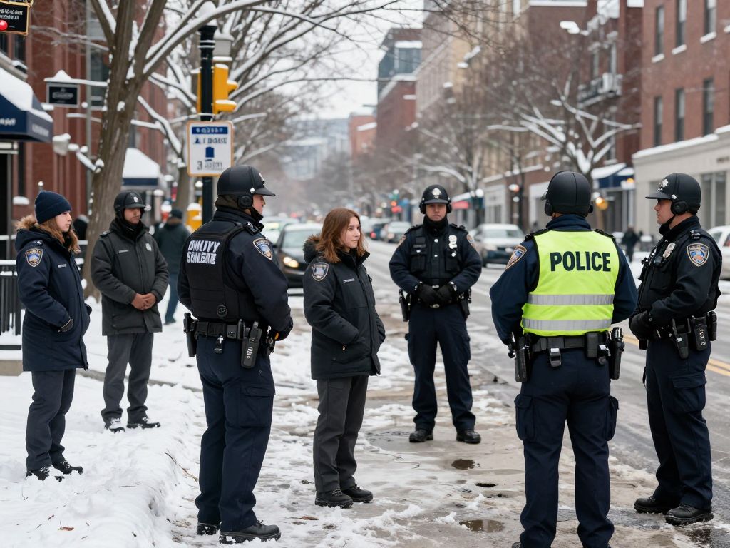 Winter scene in Boston showcasing police outreach and community support