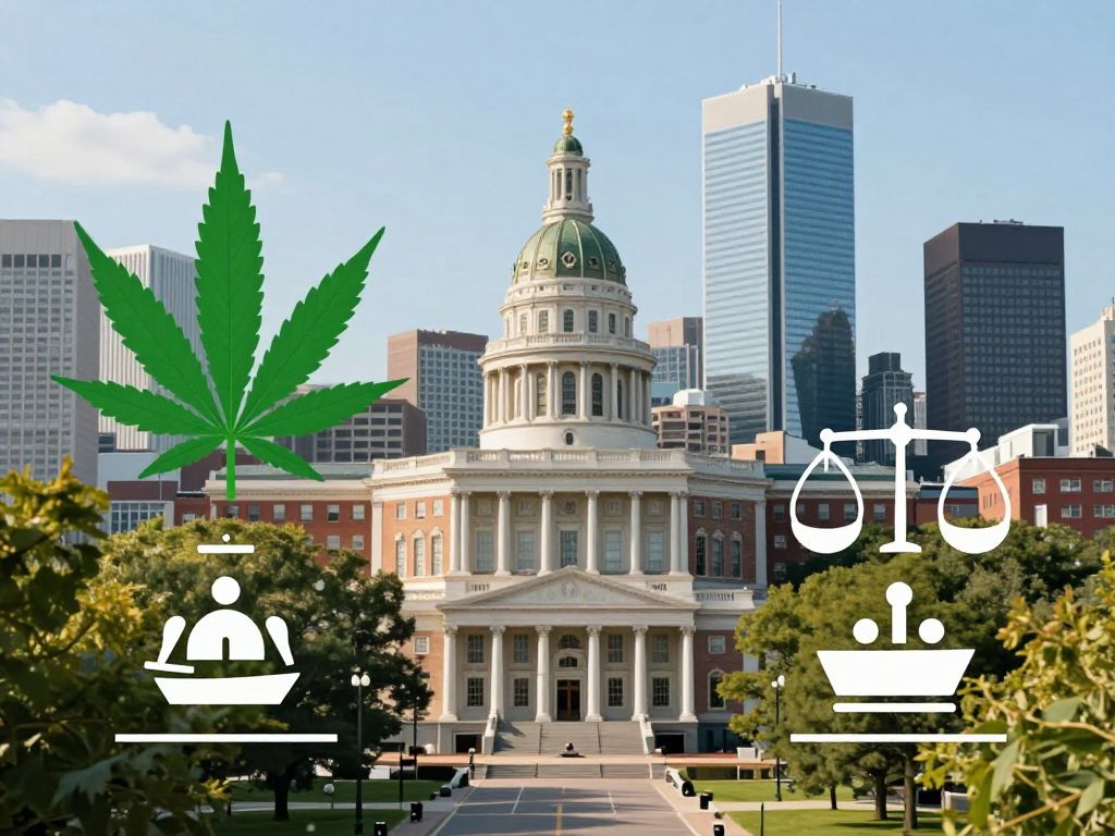Boston skyline with symbols of cannabis, pay transparency, and boating safety
