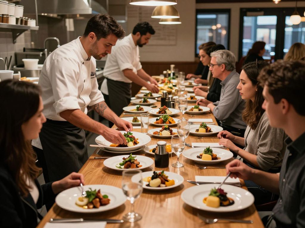 Chefs serving food in a bustling Boston restaurant