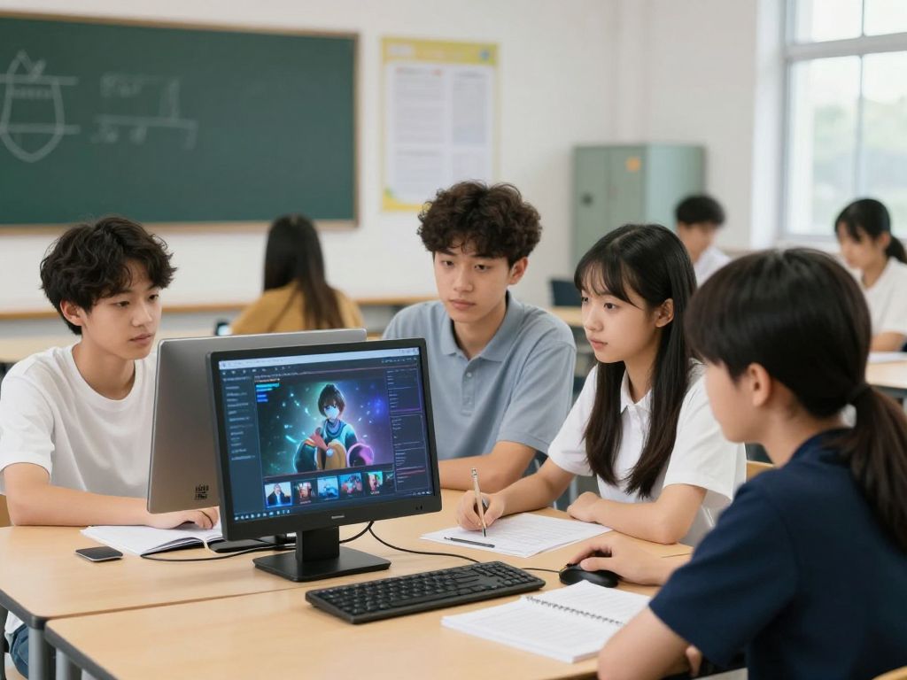 Students engaging with AI in a classroom setting