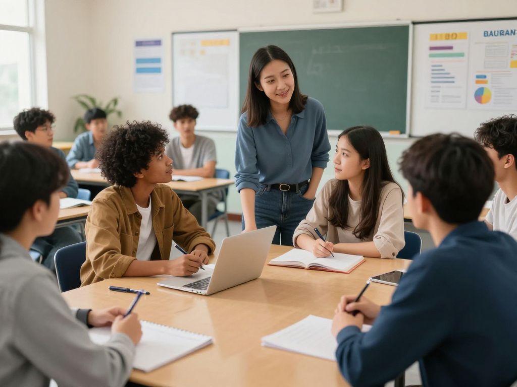 Diverse students and teachers collaborating in a classroom