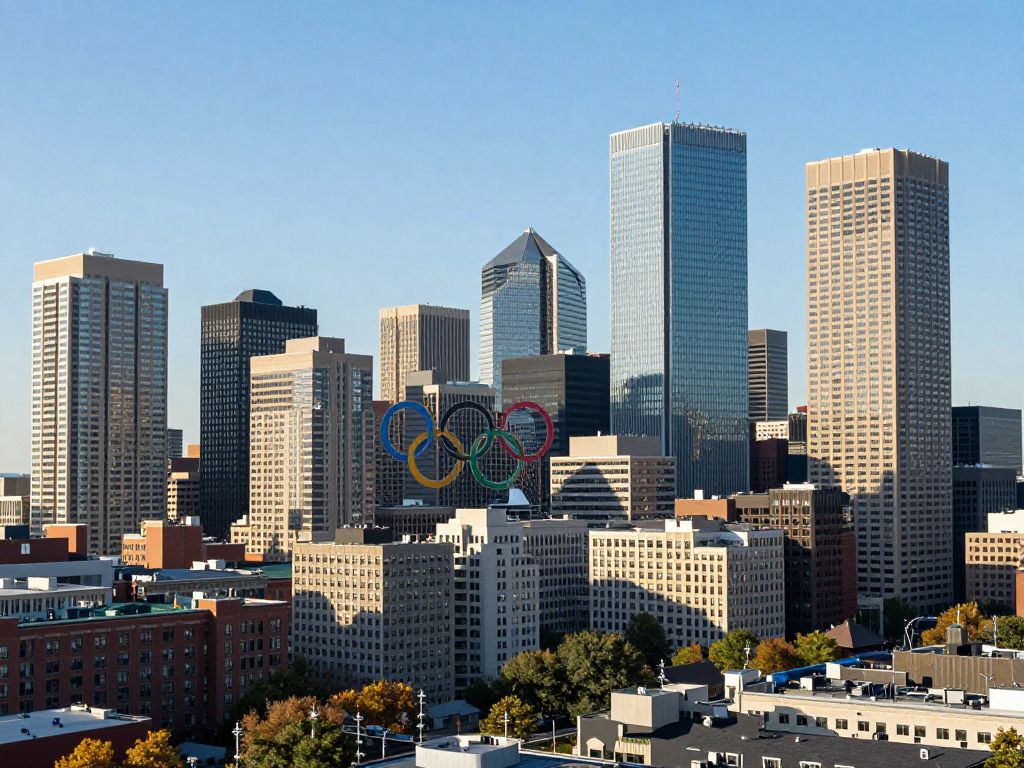 Panoramic view of Boston skyline with Olympic themes
