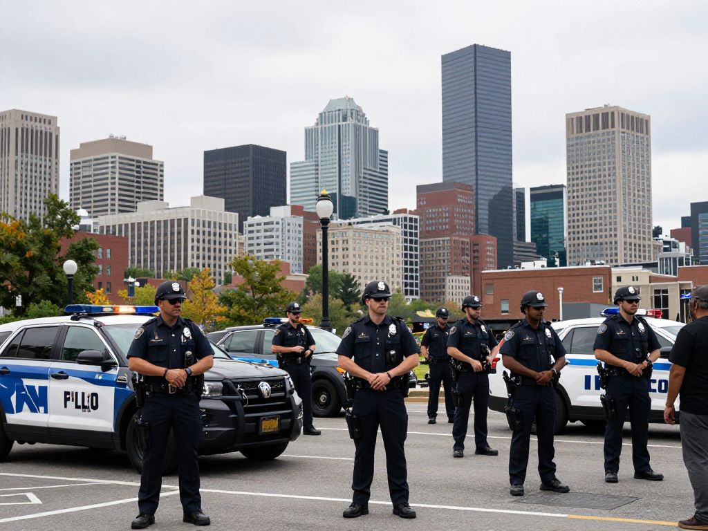 View of Boston skyline with police presence signaling law enforcement against crime.