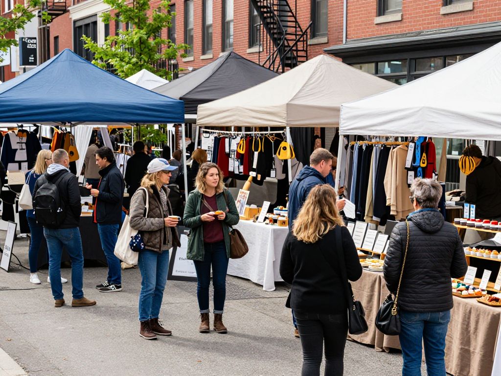 Busy marketplace in Boston featuring small businesses and community members