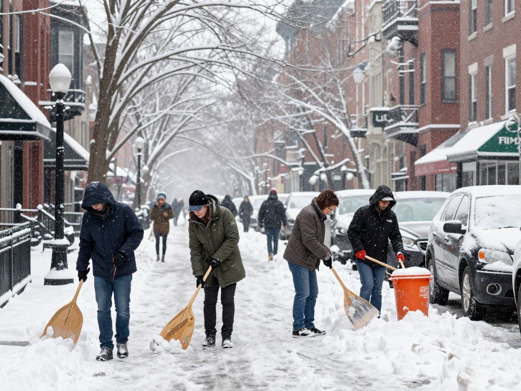Residents clearing snow in Boston during a snowstorm