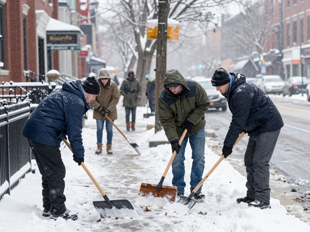 Community members clearing snow in Boston during a storm