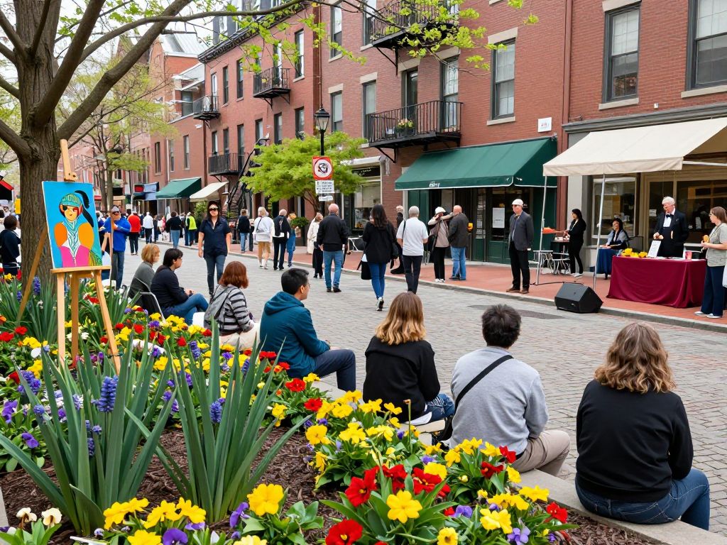 Outdoor art installations and spring flowers in Boston