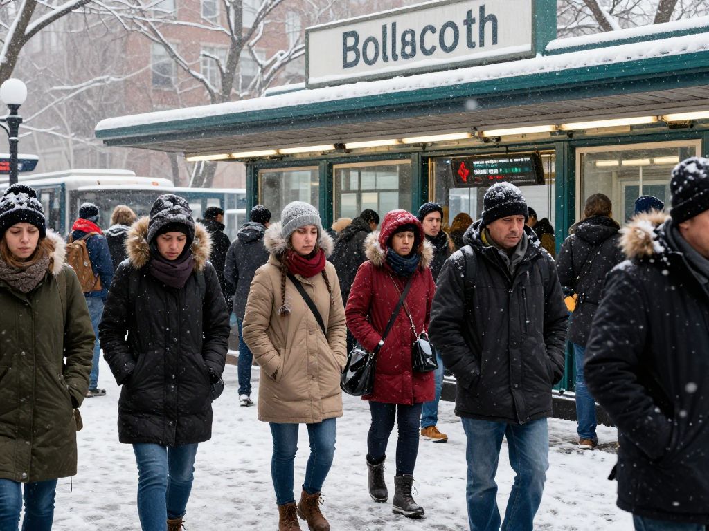 Commuters in a crowded Boston subway station during winter delays