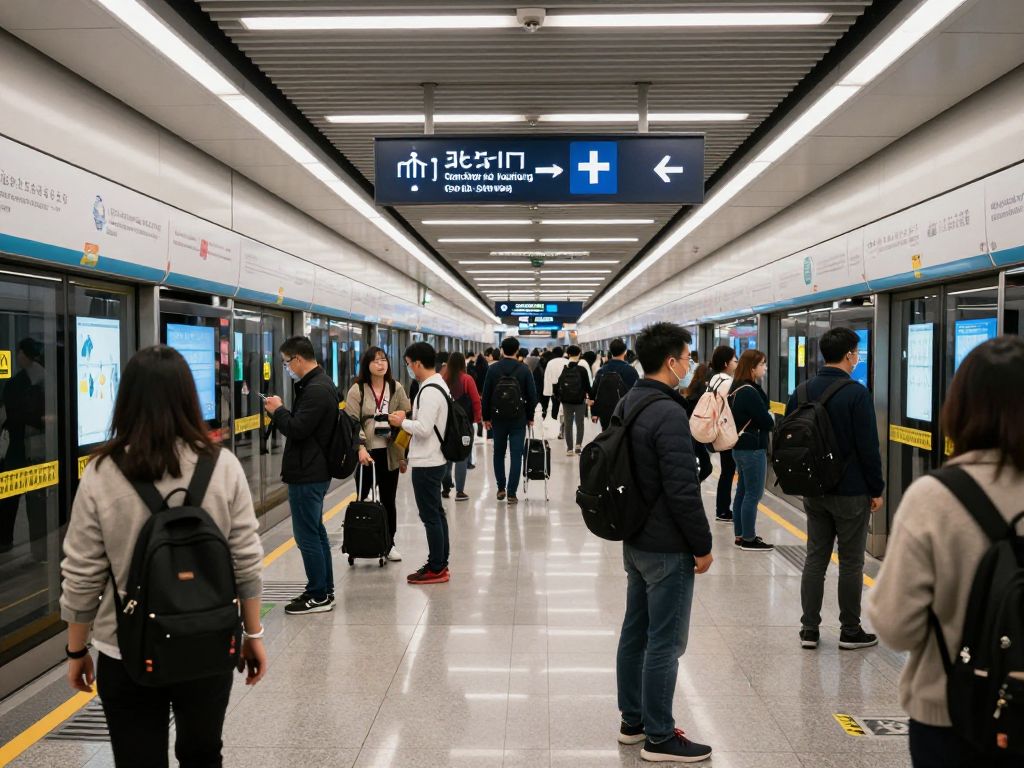 Commuters at a bustling urban transit station