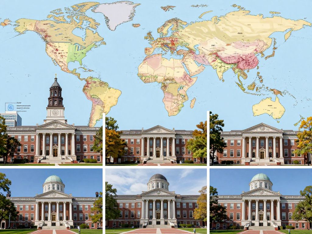 Collage of Boston's universities and a world map illustrating global crisis zones.