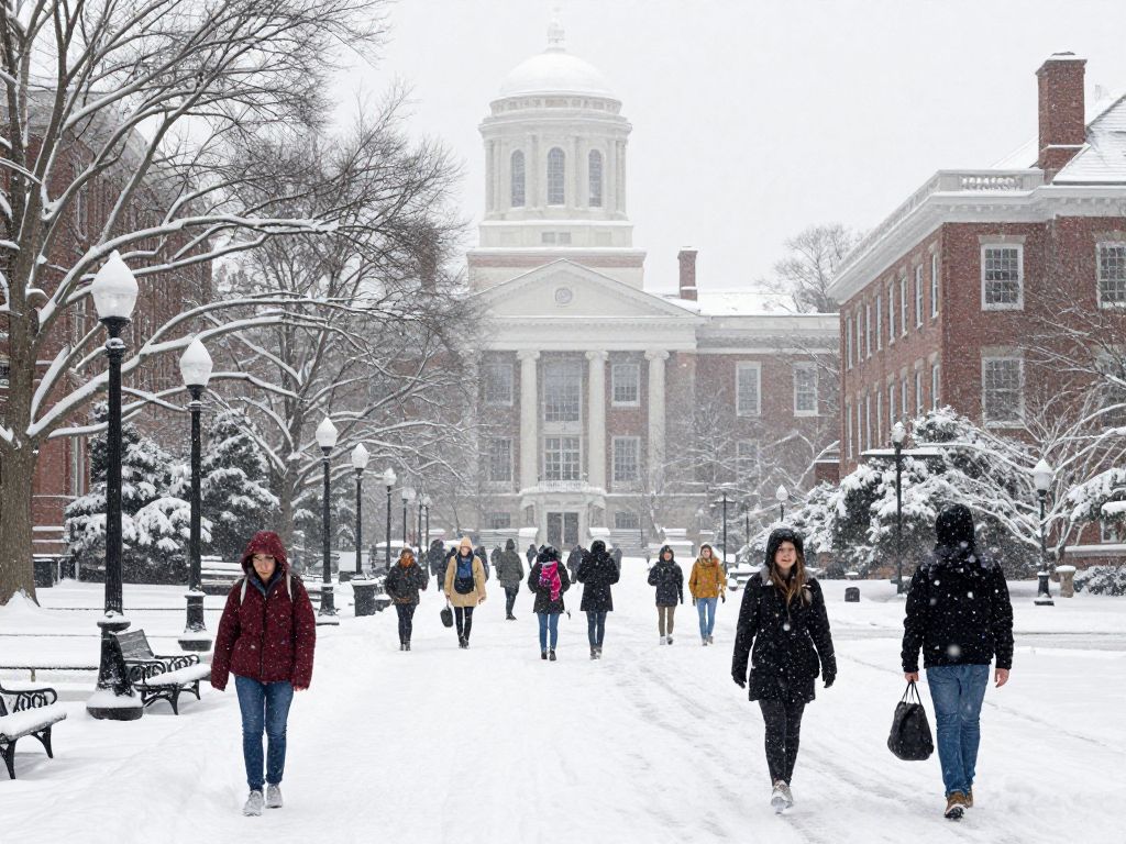 Snow-covered campus of Boston universities during winter storm