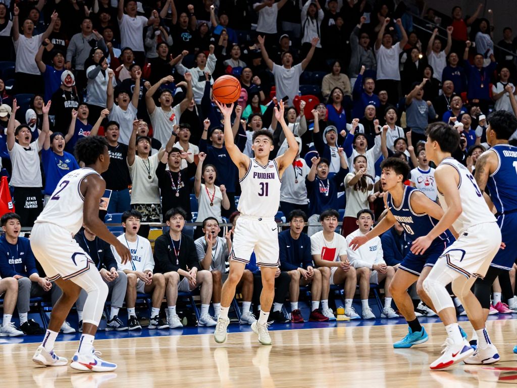College basketball game at Boston University with cheering fans.