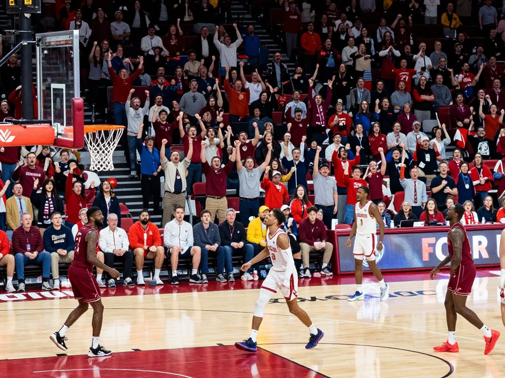 Boston University men's basketball team celebrating a win