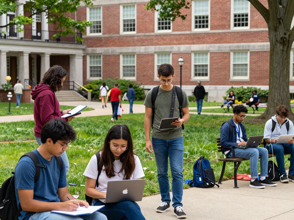 Diverse university students interacting on a Boston campus.