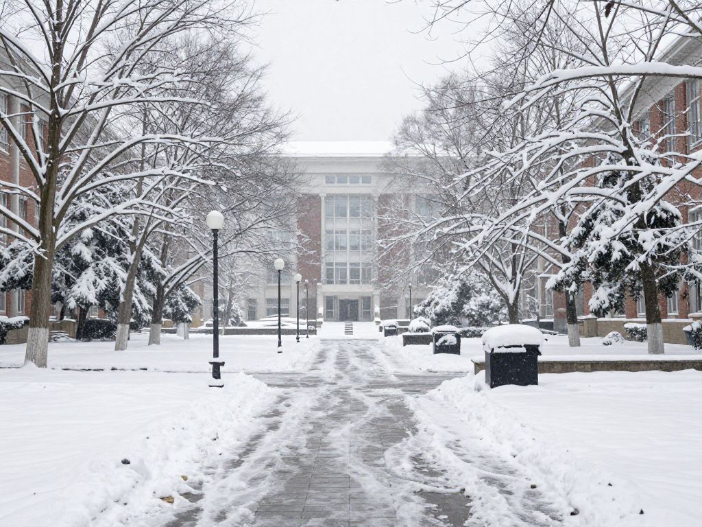 A snow-covered Boston University campus, showcasing the impact of a major snowstorm.