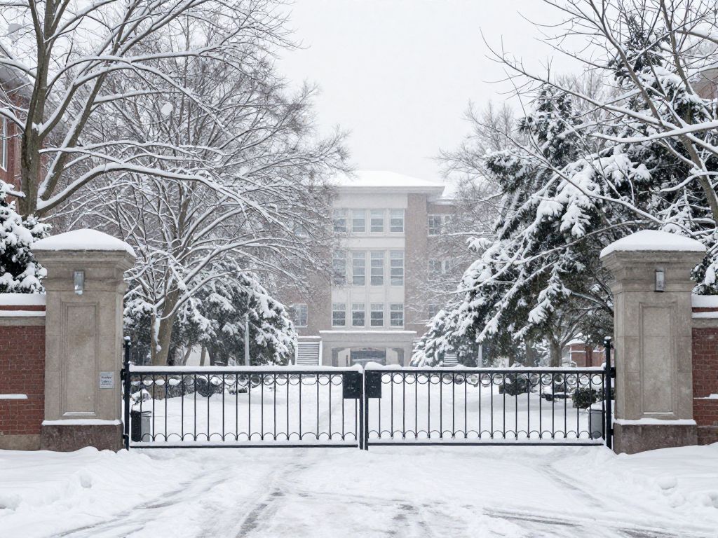 Campus gate of a Boston university closed during a winter storm with heavy snowfall.
