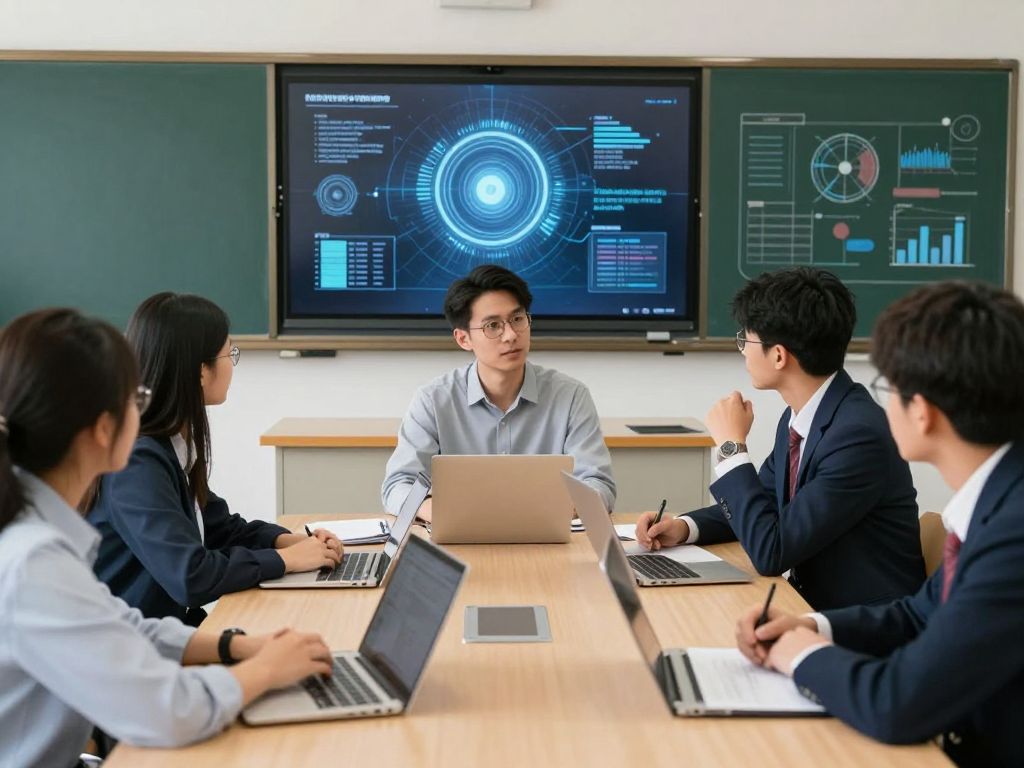 Law students discussing AI ethics in a classroom at Boston University.