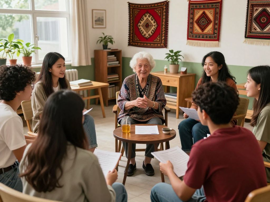 Students practicing Russian with local elderly speakers