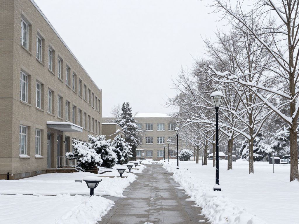 Snow-covered Boston university campus with closed buildings