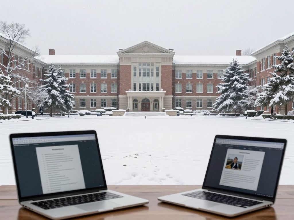A snow-covered Boston university campus with remote learning setup
