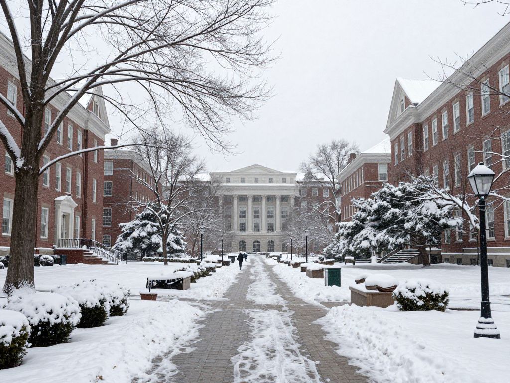 Snow-covered Boston University campus during winter storm