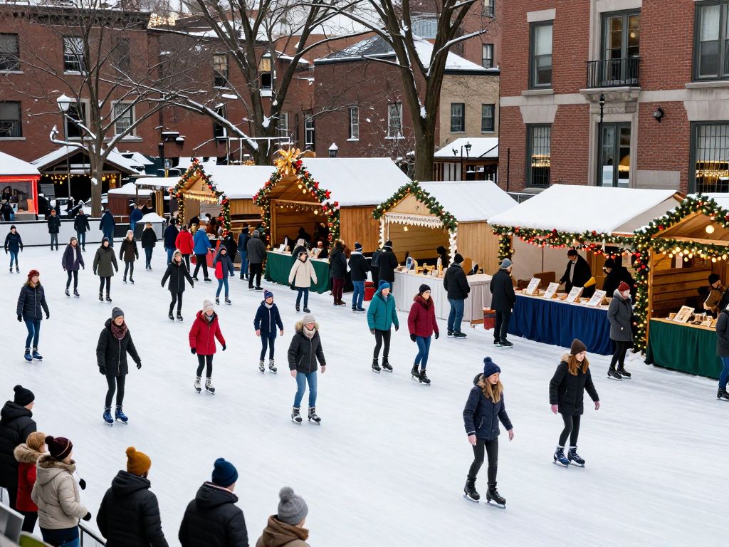 Families enjoy winter festivities in Boston, including ice skating and cultural celebrations.