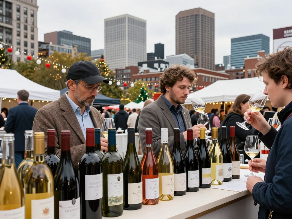 Attendees enjoying the Boston Wine Expo with wine bottles and skyline