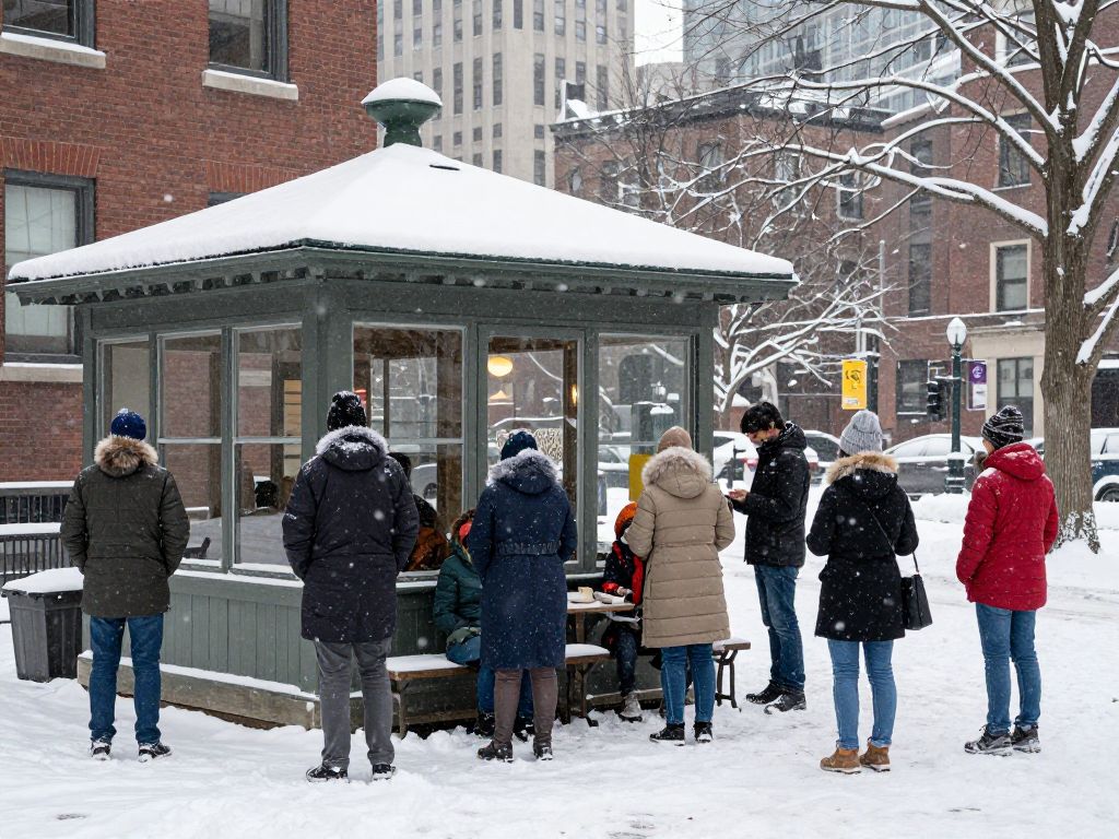 Boston city during a cold emergency with snow and community members seeking warmth.