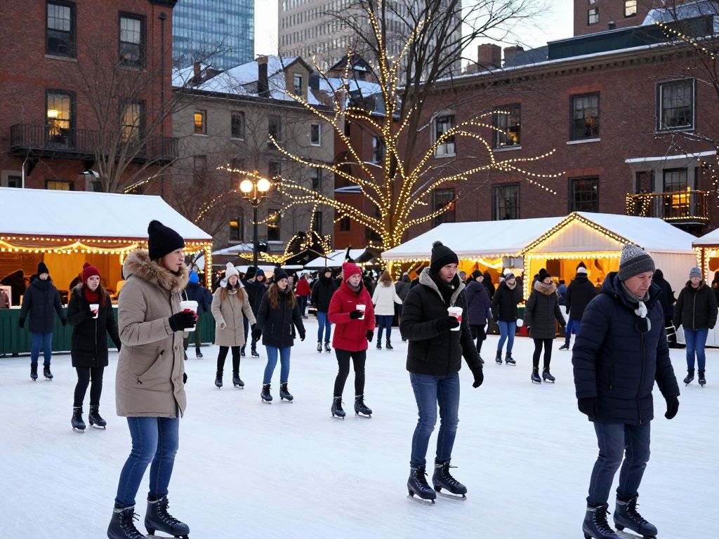 A lively outdoor winter festival in Boston with people skating and enjoying festivities.