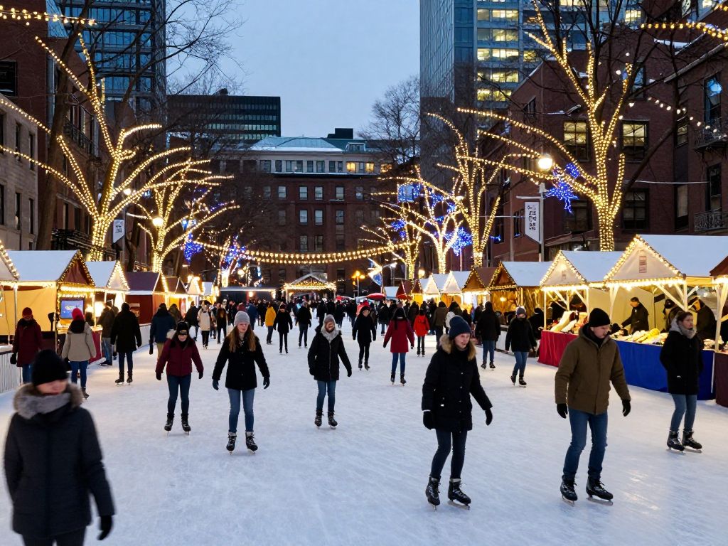 Families enjoying a winter festival in Boston with decorations and ice skating.