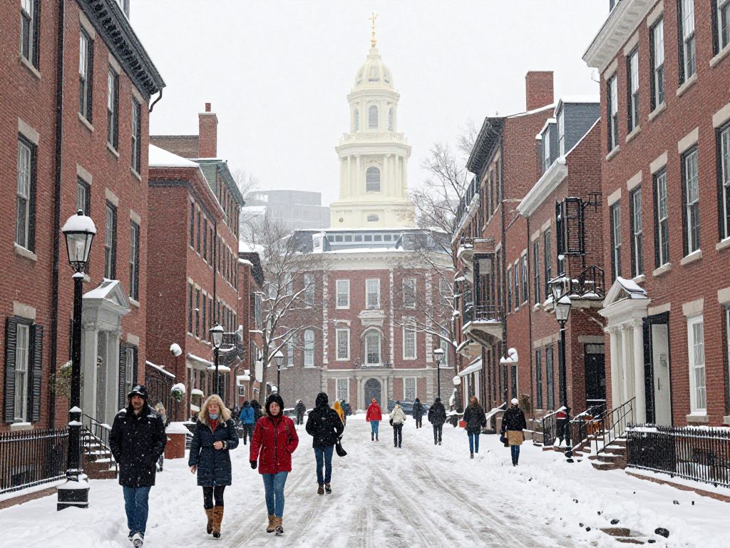 Snowfall in Boston covering streets and historic buildings