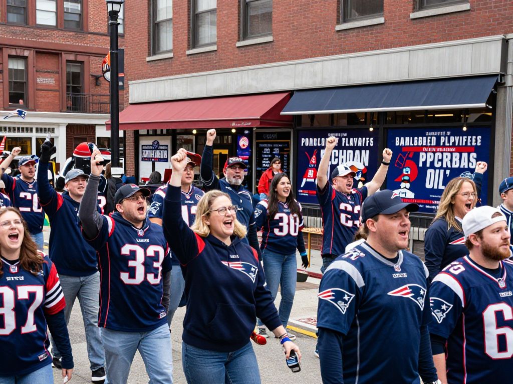 Crowd of Boston fans celebrating the Patriots' playoff run in front of local businesses.