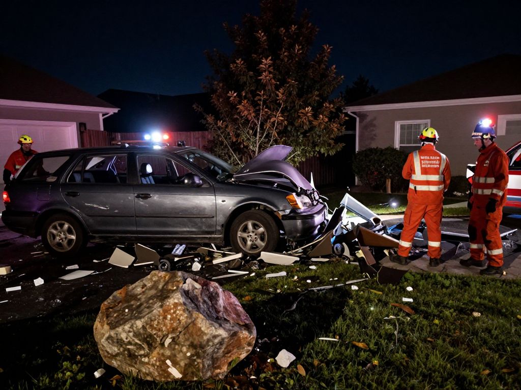 Aftermath of a vehicle crash in Braintree with debris and emergency responders.