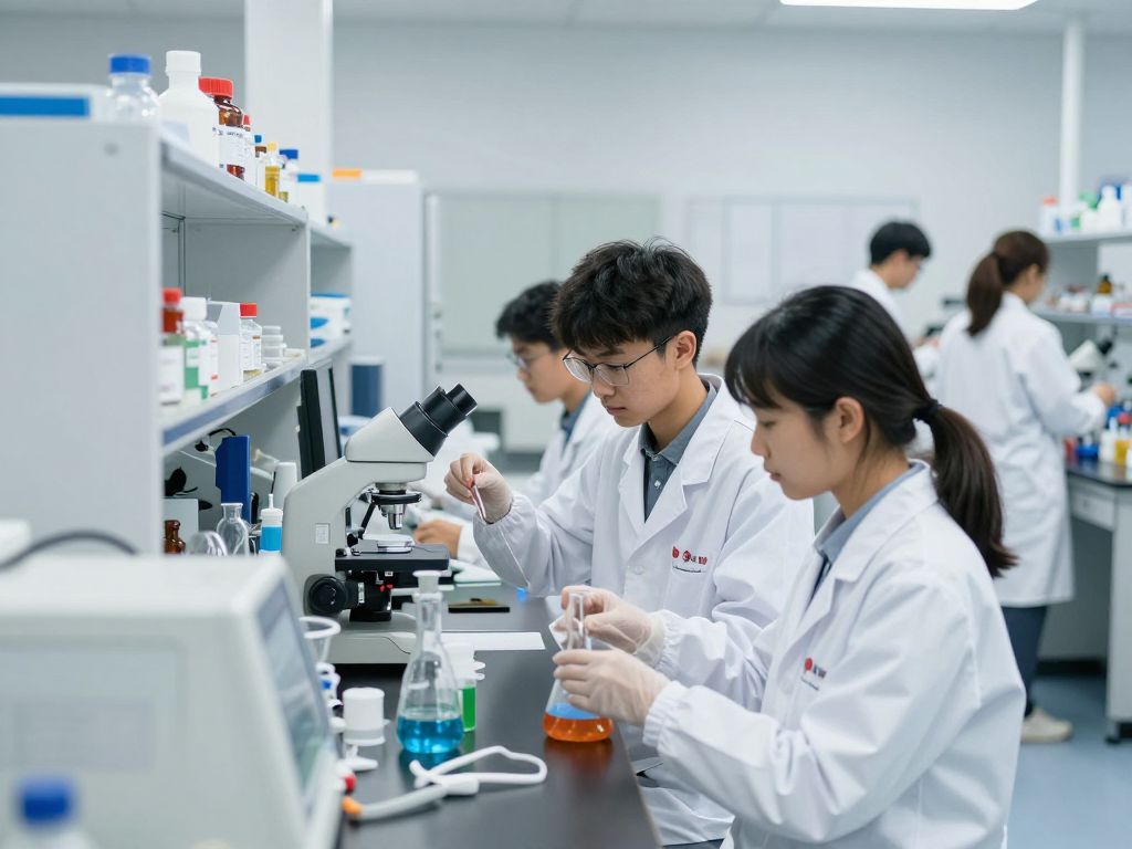 Students conducting chemistry experiments in a laboratory at Brandeis University.