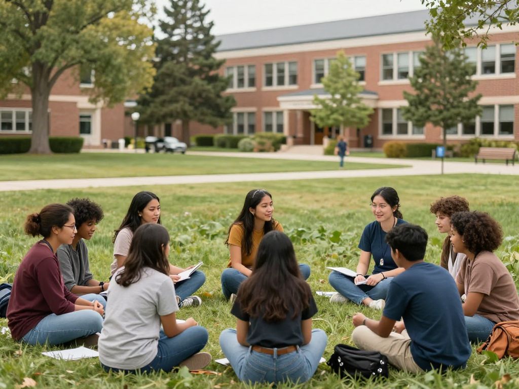 Brown University campus with students engaging in community support activities.