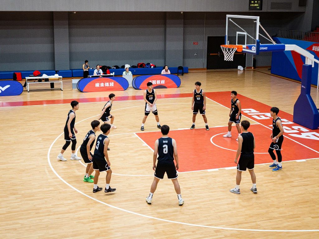 Boston University men's basketball team practicing on the court