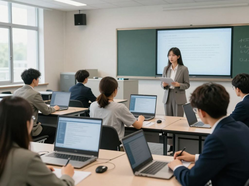 Students in a classroom engaged in AI technology for legal education