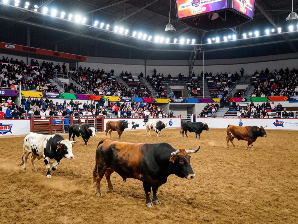 Bull riding competition taking place at TD Garden in Boston.