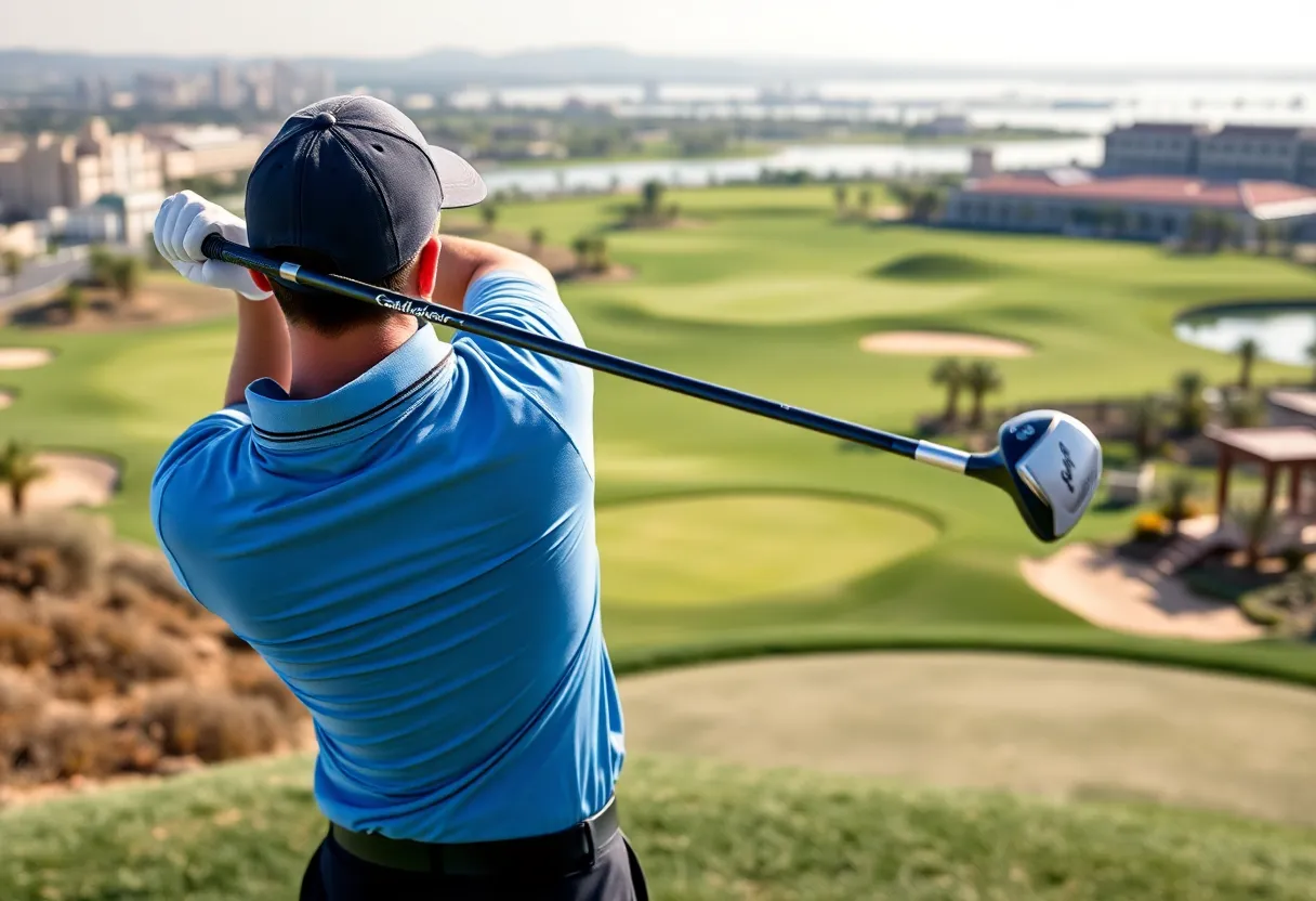 Golfer preparing to drive at the 8th hole of Emirates Golf Club