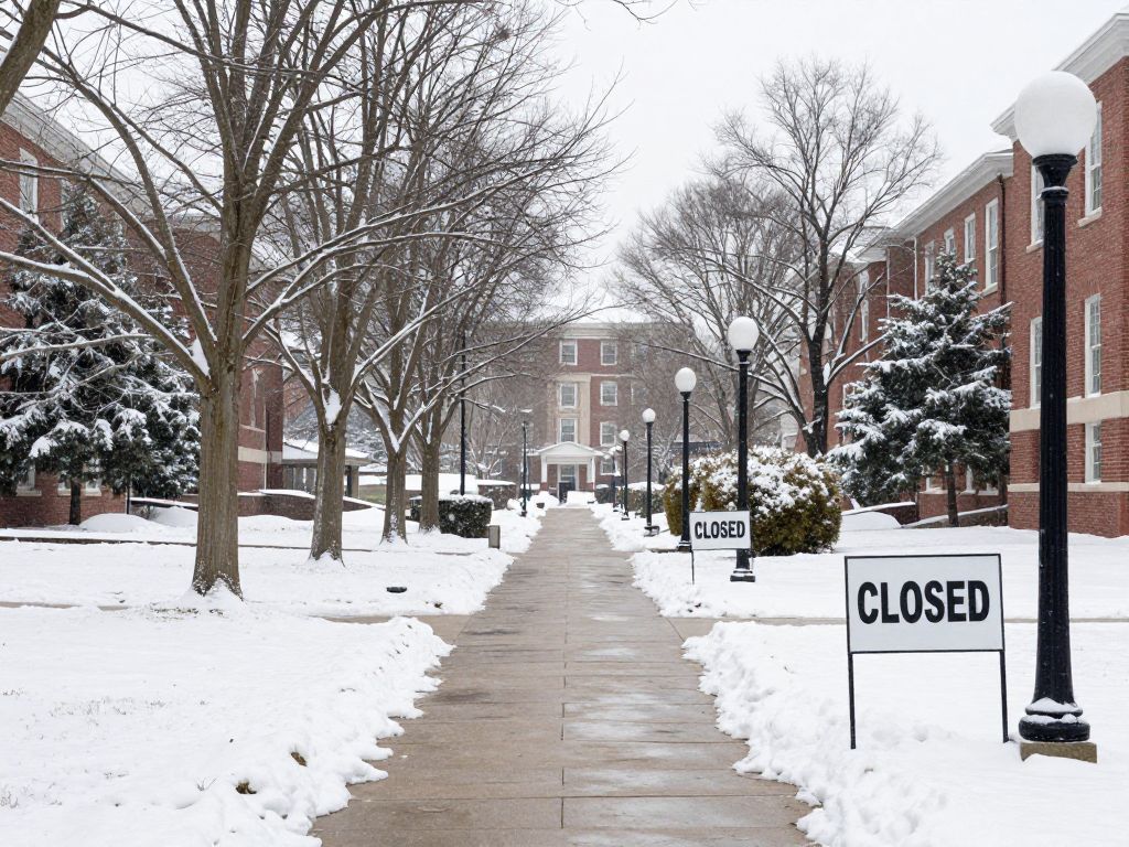 Snow-covered college campus with closed signs and empty pathways