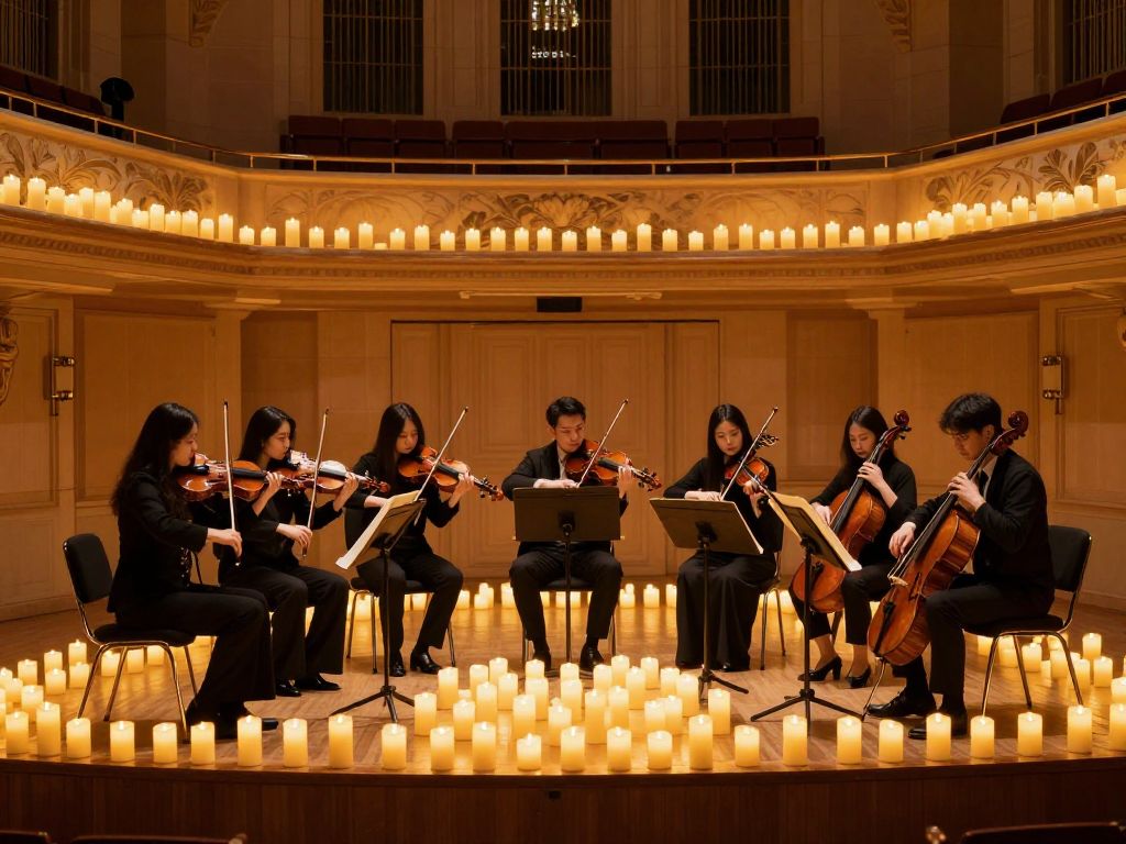 Interior of a concert hall with candles and musicians performing