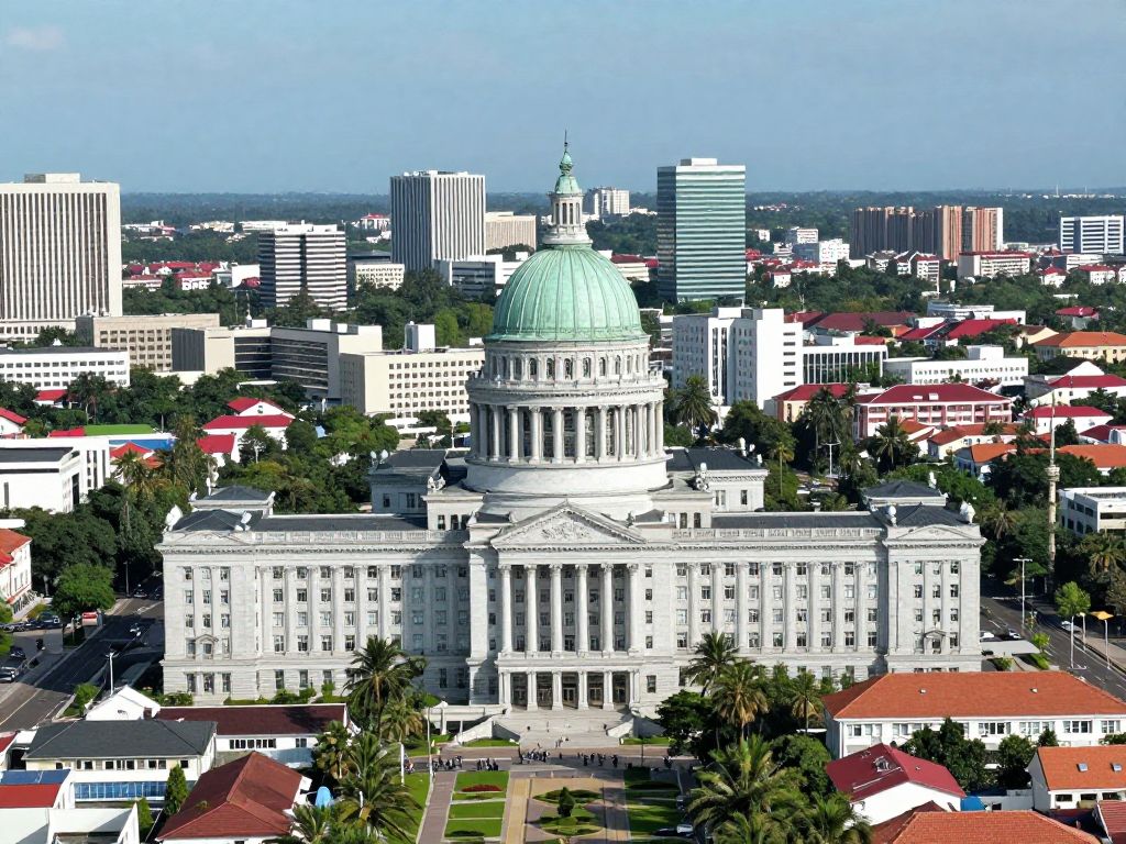 Panoramic view of a city showing government buildings and residential neighborhoods