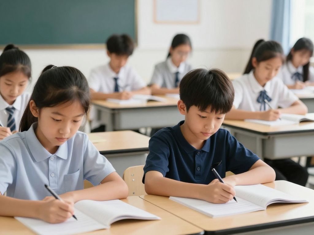 Students in a classroom focusing on lessons without cellphones