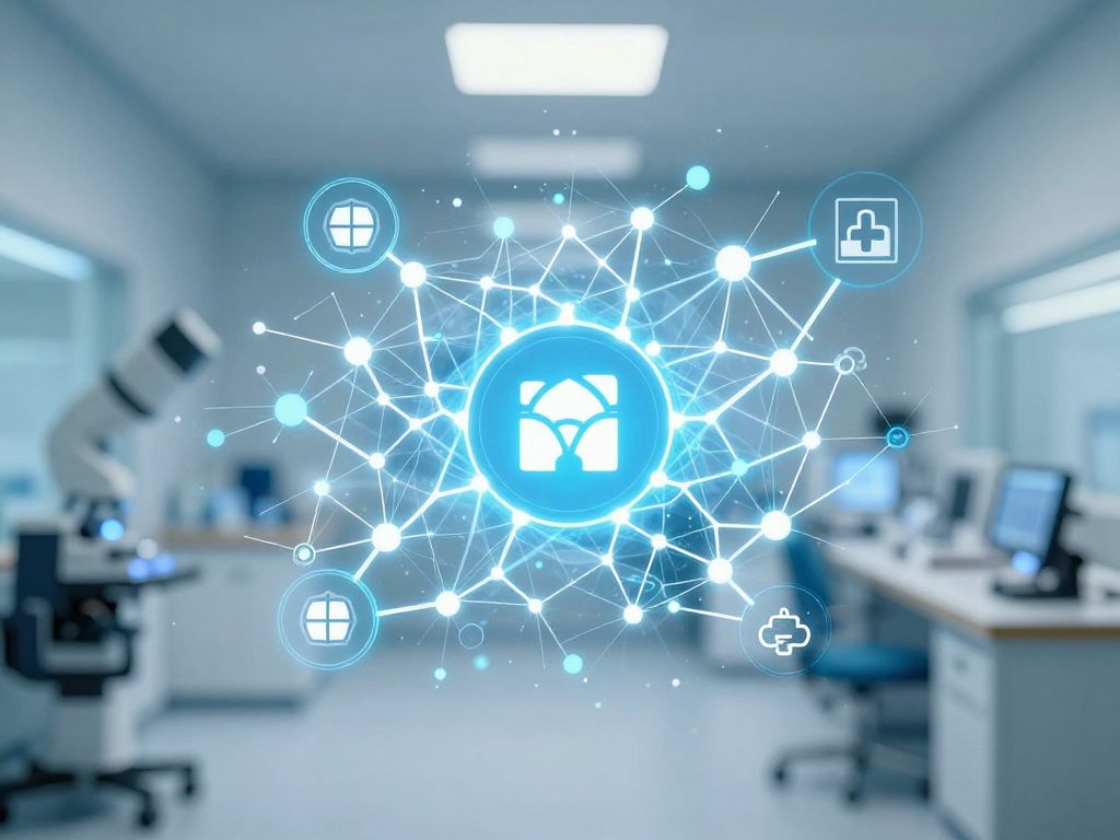 Abstract illustration representing clinical AI and data privacy concepts.