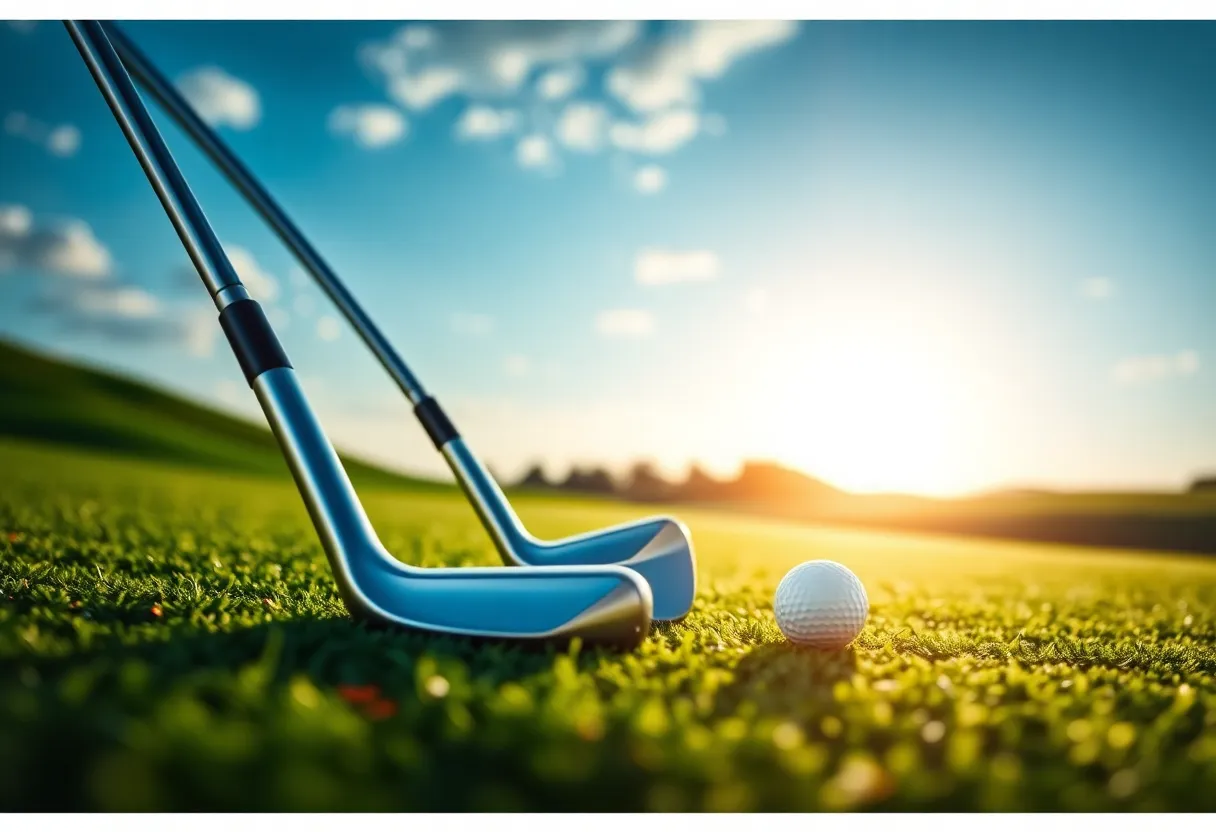 Two models of Cobra Golf 3D-printed irons displayed on a golf course