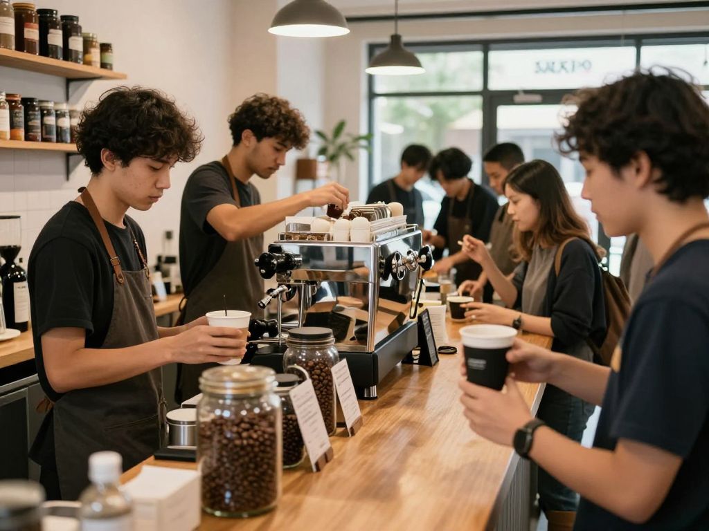 A busy coffee shop highlighting baristas and customers enjoying coffee.