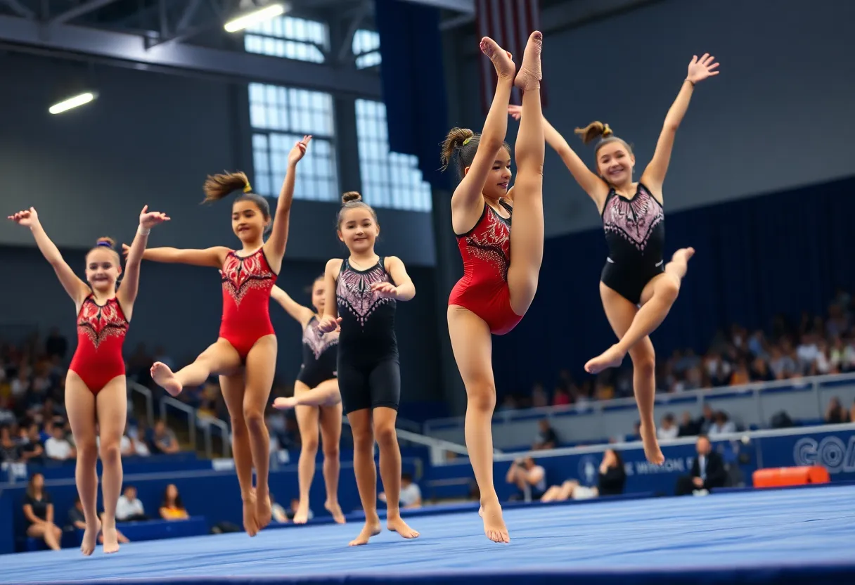 Cohasset Hull gymnastics team performing in a competition