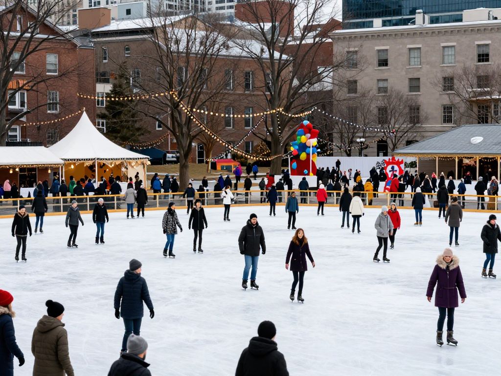 People ice skating and enjoying a community event in Boston.